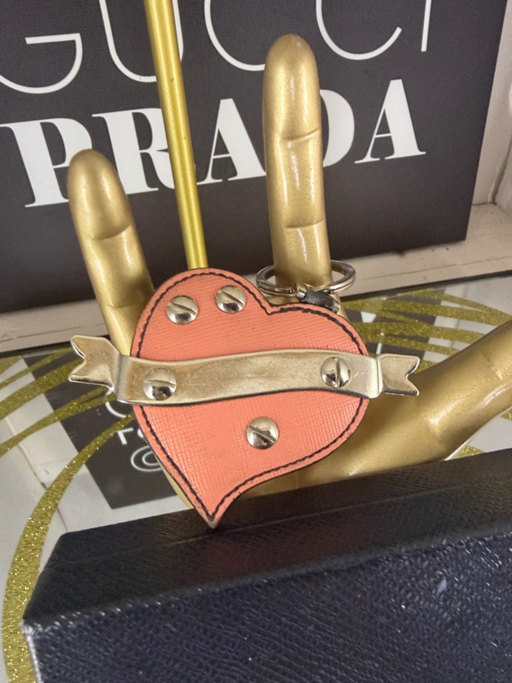 Prada Pink Heart Leather Keyring with Gold Studs - Picture 6 of 6